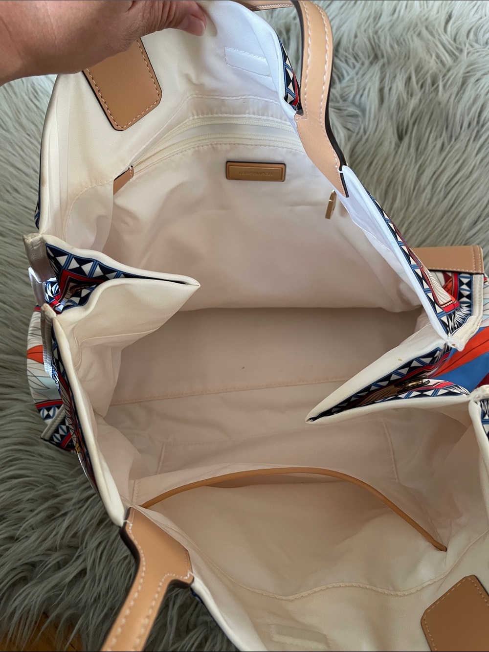 Tory Burch Multicolor Compass Graphic Tote with Tan Leather Handles - Picture 7 of 13